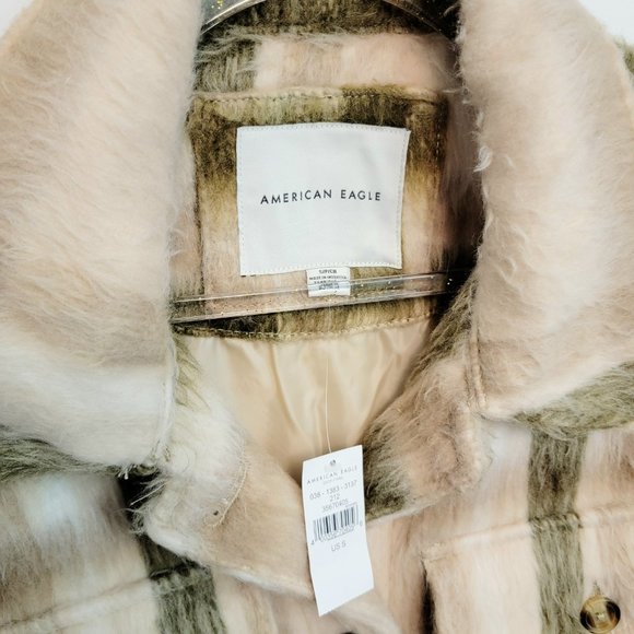 American Eagle Size Small Brushed Plaid Oversized Shacket Jacket Cream NWT $90 - Picture 6 of 16